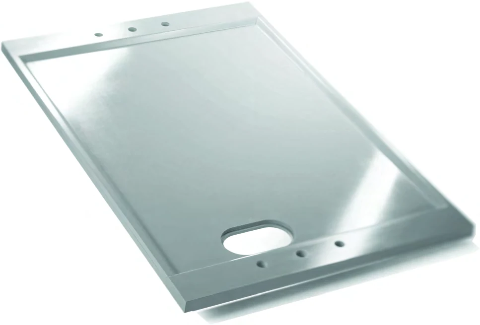 Fabricated epoxy resin fume cupboard base with wide edging and service holes
