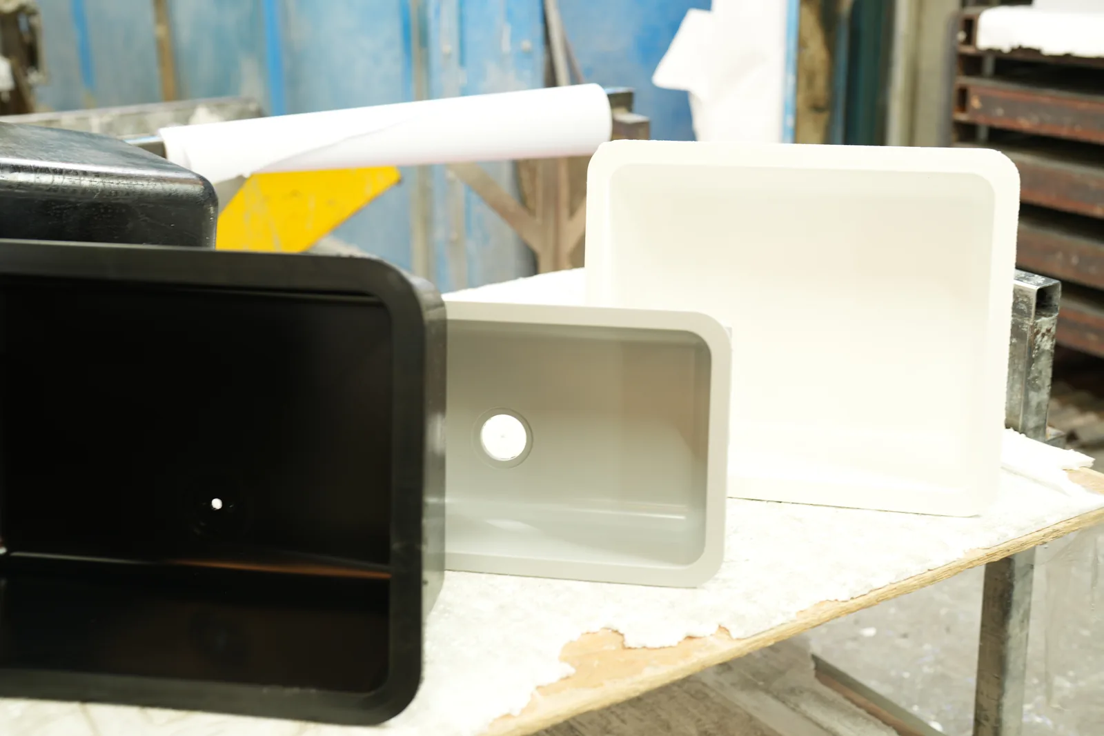 Simmons epoxy resin sinks in black, grey and white at the works