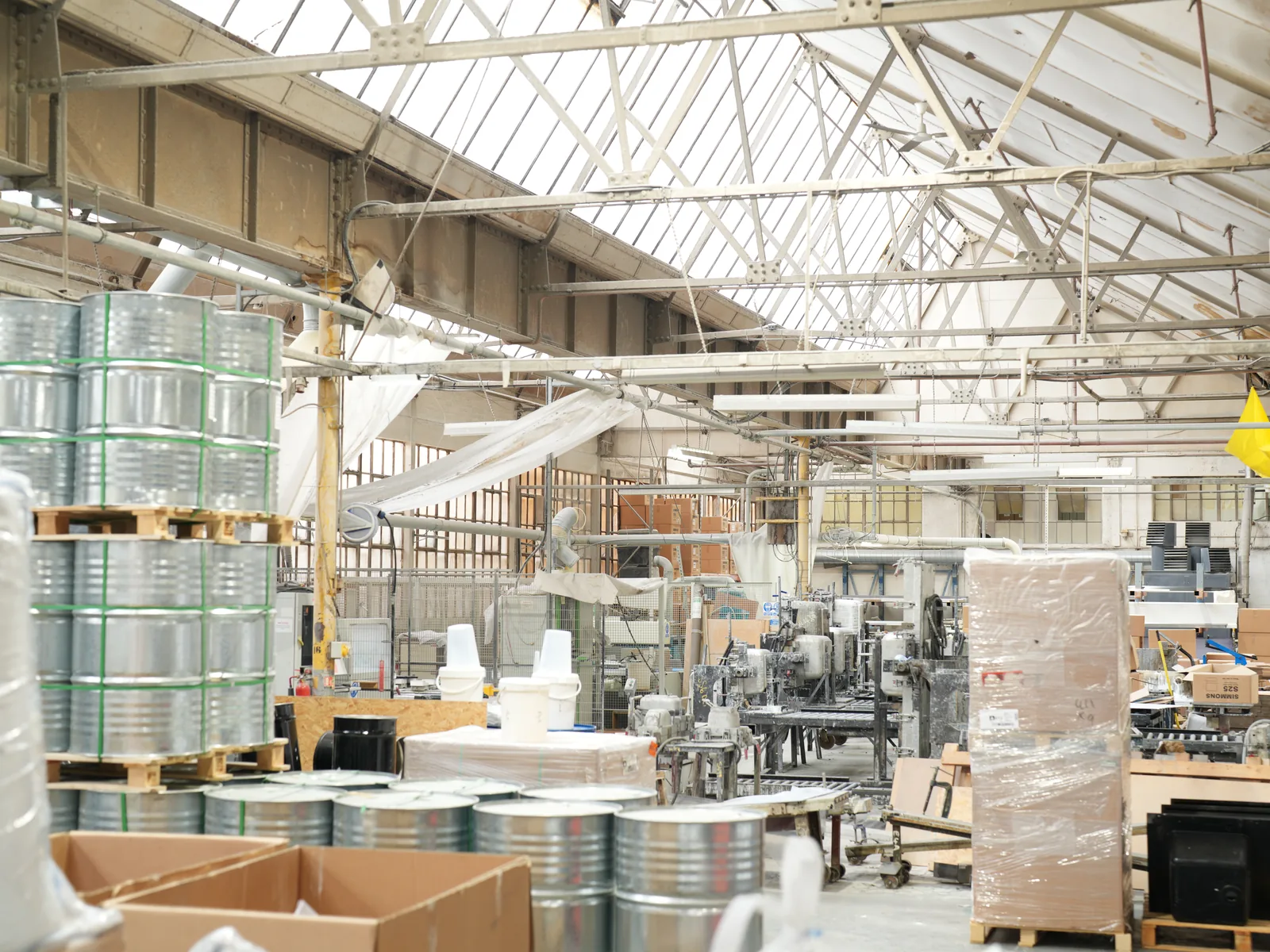 The main production hall at the Simmons works, lit by roof lights